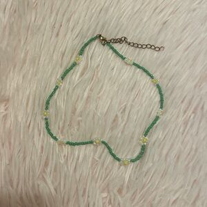 Green Beaded Necklace with Floral Accents